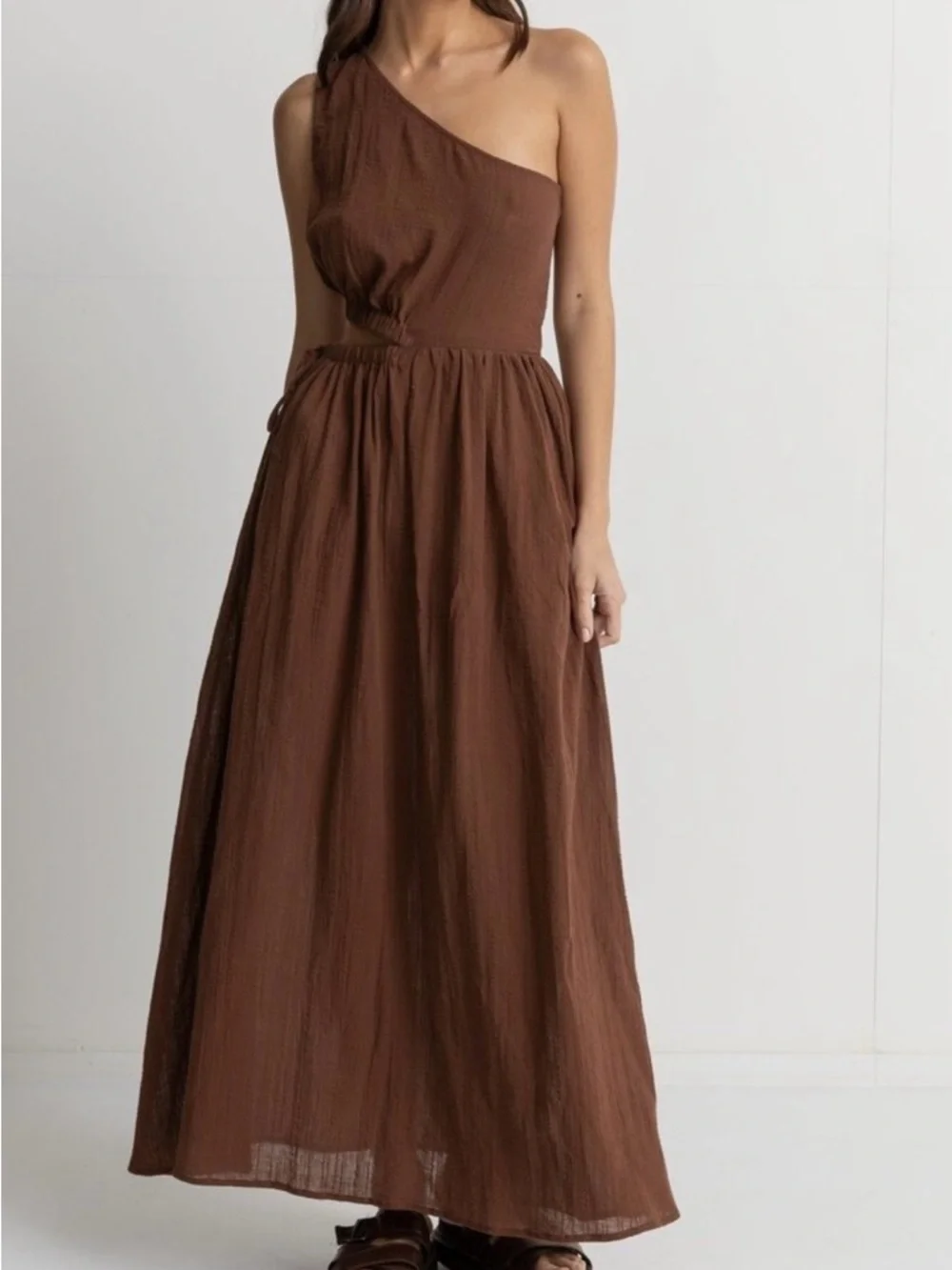 Rhythm. NWT Tyler One-shoulder Maxi Dress Brown Cotton XS - Picture 2 of 4
